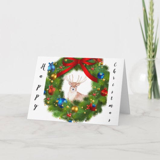 Deer looking through a Christmas Wreath サンキューカード (正面)