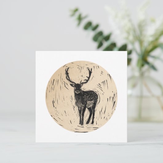 Deer on Circle Printmakingリノカット空白のアート ノートカード (スタンド正面)