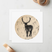 Deer on Circle Printmakingリノカット空白のアート ノートカード (正面/裏面インサイチュ)