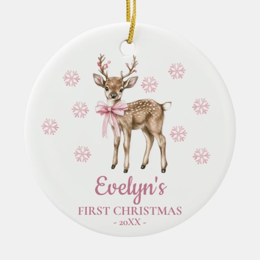 Deer Personalized Girl's First Christmas セラミックオーナメント (正面)