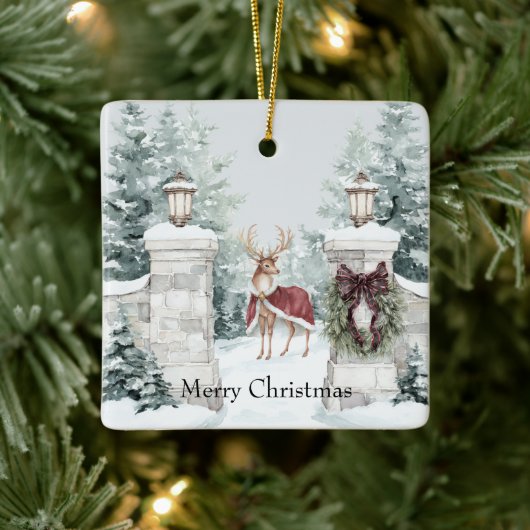 Deer Red Coat Snow Christmas セラミックオーナメント (ツリー)