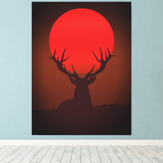 Deer Silhouette with Fiery Red Sunset キャンバスプリント (インサイチュ (ウッドフロア))