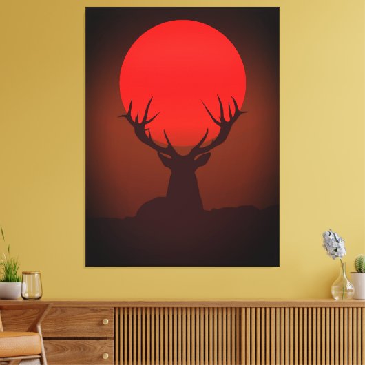 Deer Silhouette with Fiery Red Sunset キャンバスプリント (インサイチュ (リビング))