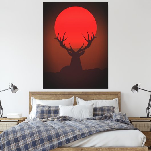 Deer Silhouette with Fiery Red Sunset キャンバスプリント (インサイチュ (寝室))
