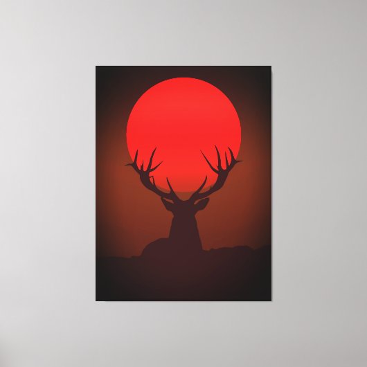 Deer Silhouette with Fiery Red Sunset キャンバスプリント (正面)