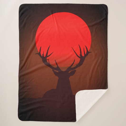 Deer Silhouette with Fiery Red Sunset シェルパブランケット (正面)