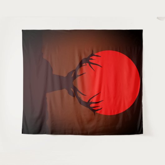 Deer Silhouette with Fiery Red Sunset タペストリー (正面(横))