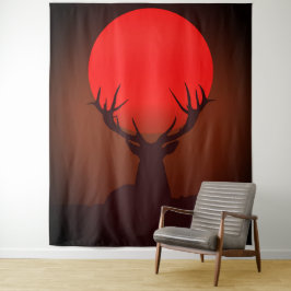 Deer Silhouette with Fiery Red Sunset タペストリー