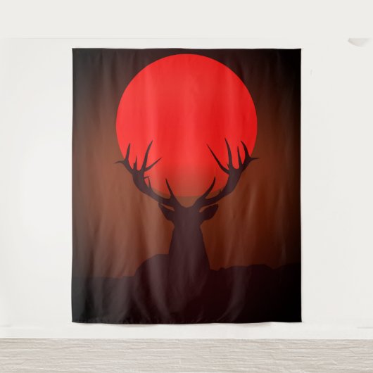 Deer Silhouette with Fiery Red Sunset タペストリー (正面)