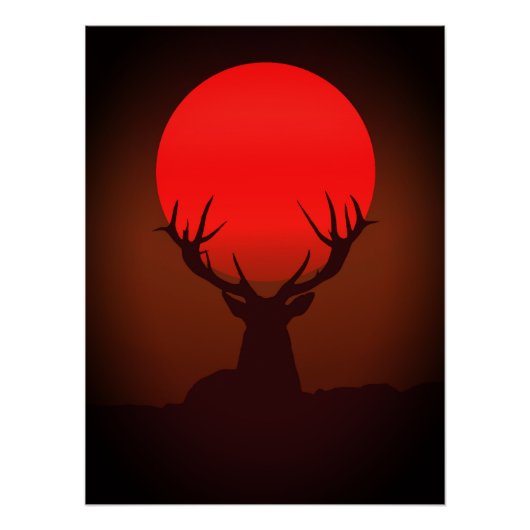 Deer Silhouette with Fiery Red Sunset ポスター (正面)