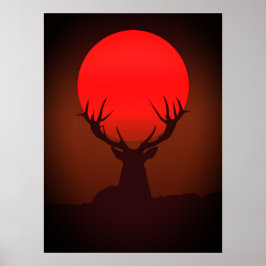 Deer Silhouette with Fiery Red Sunset ポスター