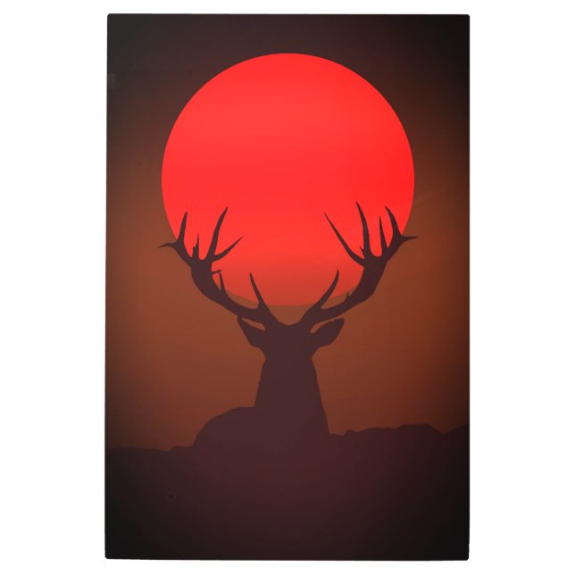 Deer Silhouette with Fiery Red Sunset メタルプリント (正面)