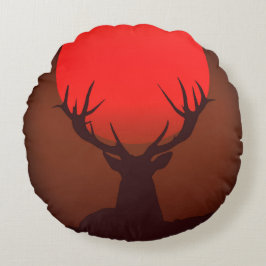 Deer Silhouette with Fiery Red Sunset ラウンドクッション