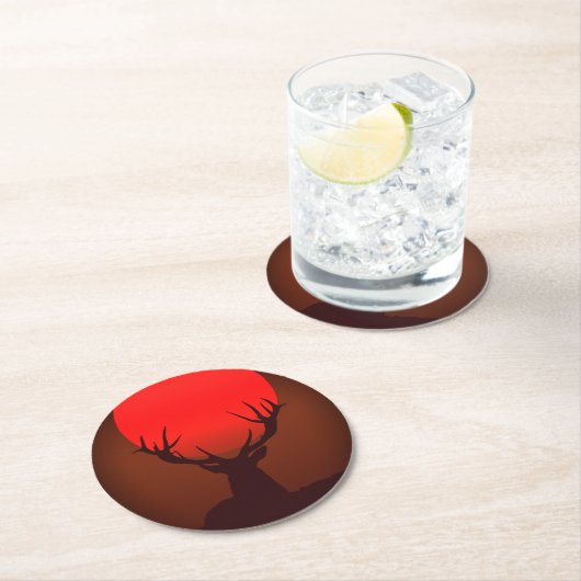 Deer Silhouette with Fiery Red Sunset ラウンドペーパーコースター (インサイチュ)