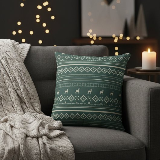 Deer Spruces and Diamonds Green Christmas Sweater  クッション