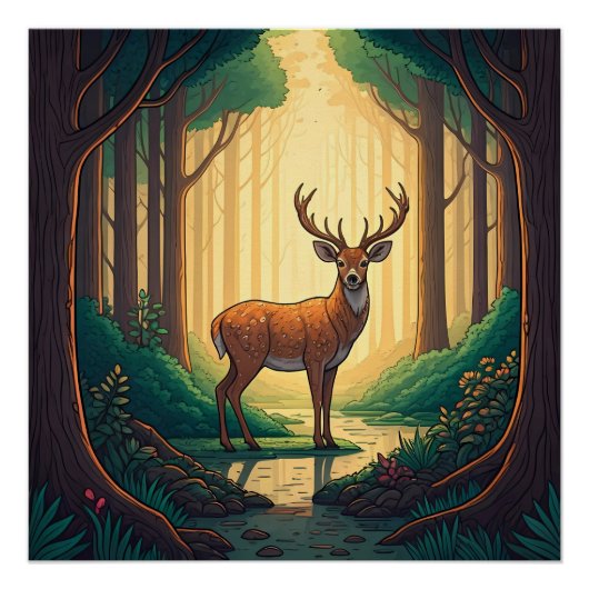 Deer standing by a stream in a forest ポスター (正面)
