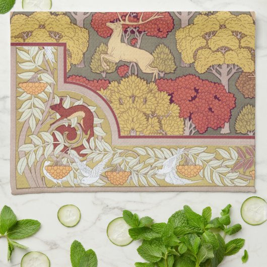 Deer &Tree Squirrel Bird Rowan Berries Art Nouveau キッチンタオル (折り畳み)