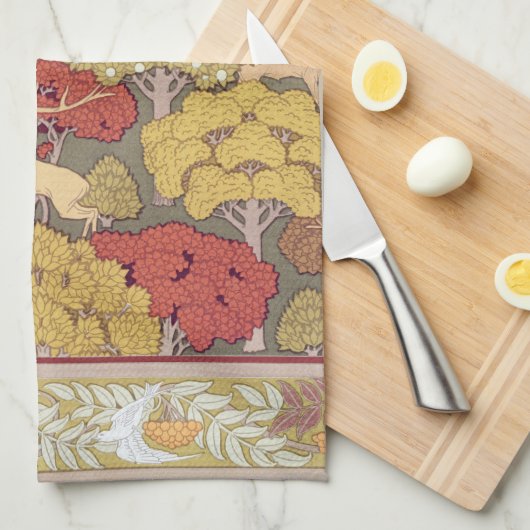 Deer &Tree Squirrel Bird Rowan Berries Art Nouveau キッチンタオル (四つ折り)