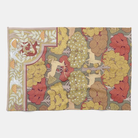 Deer &Tree Squirrel Bird Rowan Berries Art Nouveau キッチンタオル (横)
