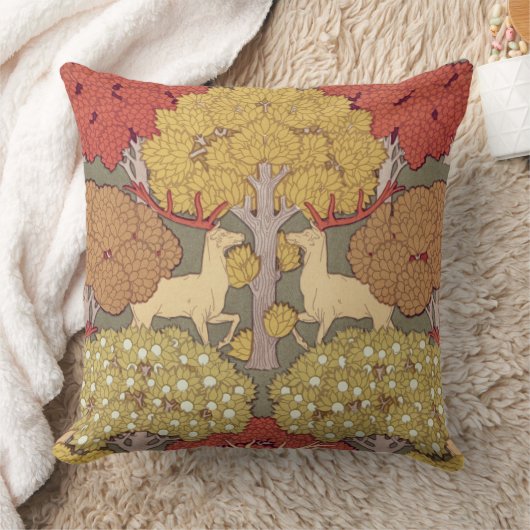Deer &Tree Squirrel Bird Rowan Berries Art Nouveau クッション (ブランケット)