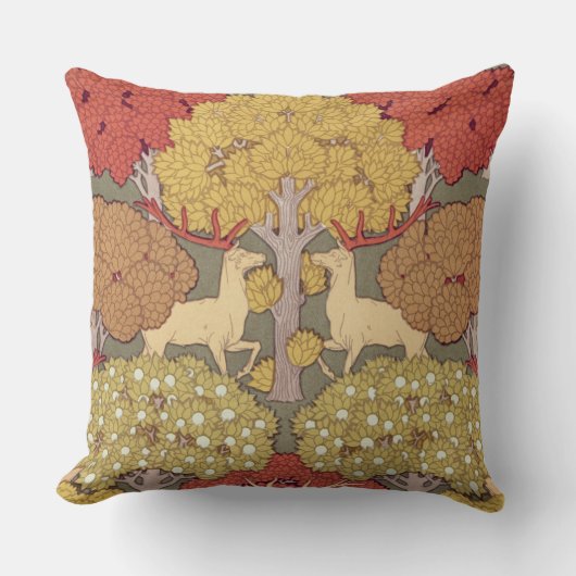 Deer &Tree Squirrel Bird Rowan Berries Art Nouveau クッション (正面)
