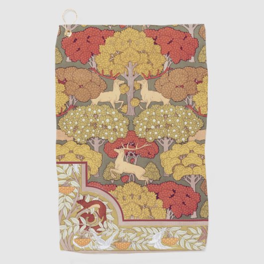 Deer &Tree Squirrel Bird Rowan Berries Art Nouveau ゴルフタオル (正面)