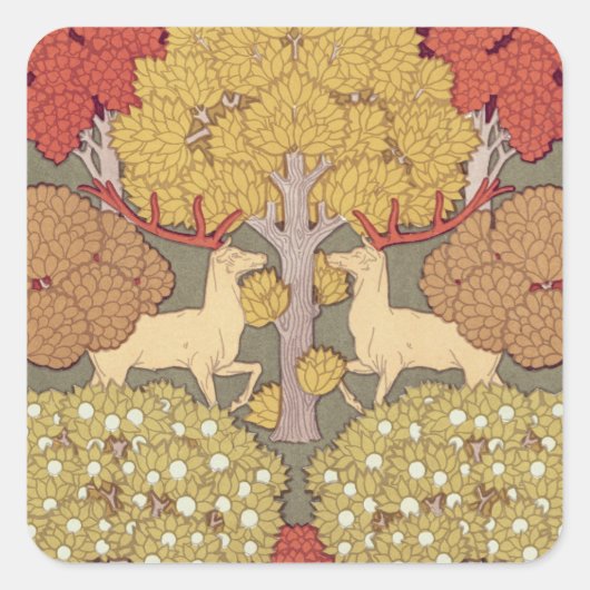 Deer &Tree Squirrel Bird Rowan Berries Art Nouveau スクエアシール (正面)