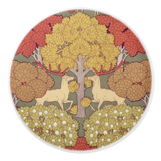 Deer &Tree Squirrel Bird Rowan Berries Art Nouveau セラミックノブ (正面)