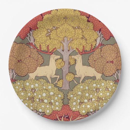 Deer &Tree Squirrel Bird Rowan Berries Art Nouveau ペーパープレート (正面)