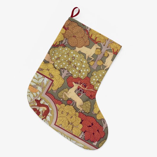Deer &Tree Squirrel Bird Rowan Berries Art Nouveau ラージクリスマスストッキング (正面 (吊り時))
