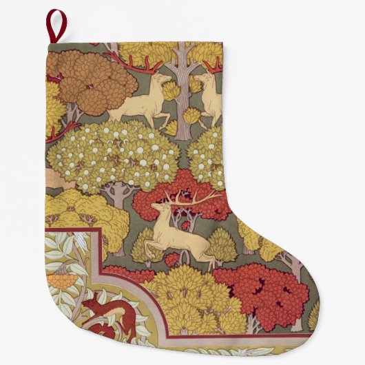 Deer &Tree Squirrel Bird Rowan Berries Art Nouveau ラージクリスマスストッキング (正面)