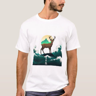 Deer Wave Art - Ukiyo-e Moonlight Design Tシャツ