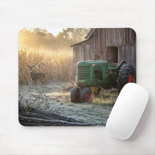 Deer with Green Vintage Tractor  マウスパッド (マウス)