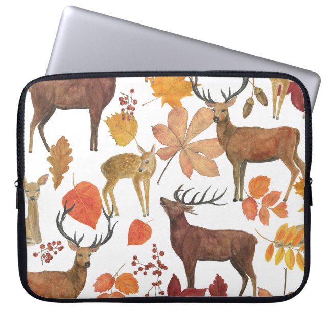 Deers、紅葉：水彩パターン。 ラップトップスリーブ (正面)