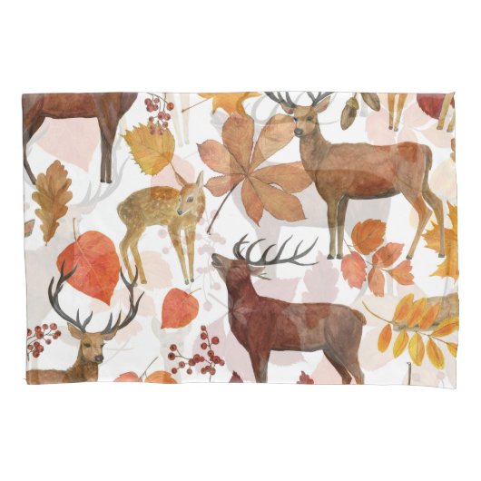 Deers、紅葉：水彩パターン。 枕カバー (正面)