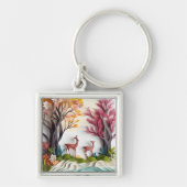 Deers in Forest Unique Art キーホルダー (正面)