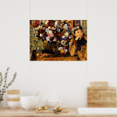 Degas – 花の花瓶の横に座っている女性 ポスター (キッチン)