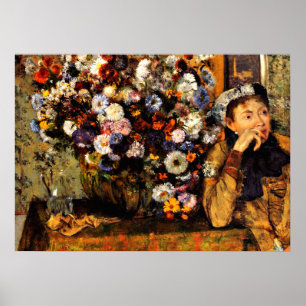 Degas – 花の花瓶の横に座っている女性 ポスター