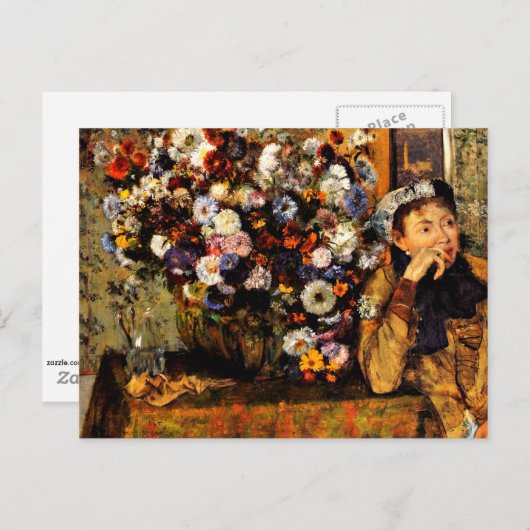 Degas – 花の花瓶の横に座っている女性 ポストカード (正面/裏面)