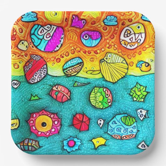 Dekorative Muscheln und Steine ペーパープレート (正面)