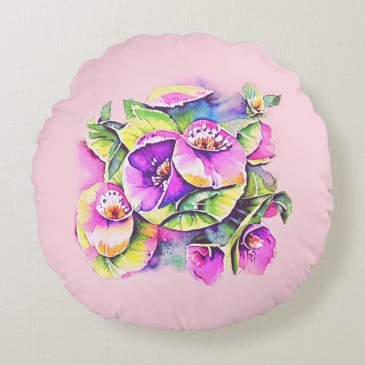 Dekorative rosa Blumen ラウンドクッション (正面)