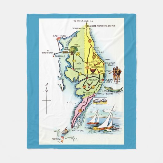 Delaware Maryland Vintage Map Throw フリースブランケット (正面)
