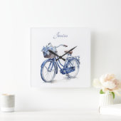 Delft Blueで自転車をカスタマイズ可能 スクエア壁時計 (ホーム)