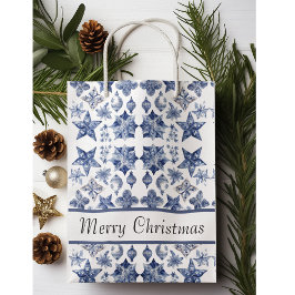 Delft Blueのクリスマスの装飾をカスタマイズ ミディアムペーパーバッグ