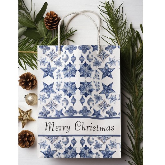 Delft Blueのクリスマスの装飾をカスタマイズ ミディアムペーパーバッグ