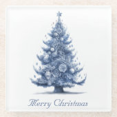 Delft Blueのクリスマスツリー、カスタマイズ可能 ガラスコースター (正面)