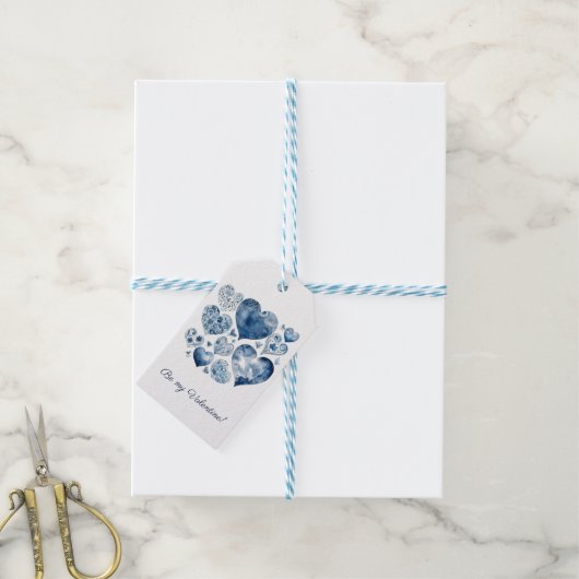 Delft Blueのハート、バレンタイン、カスタマイズ ギフトタグ (より糸付き)