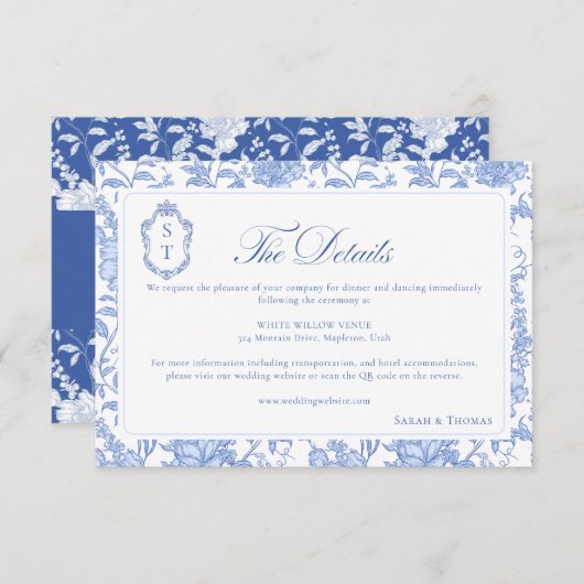 Delft Blue Floral Chinoiserie Monogram Wedding エンクロージャーカード (正面/裏面)