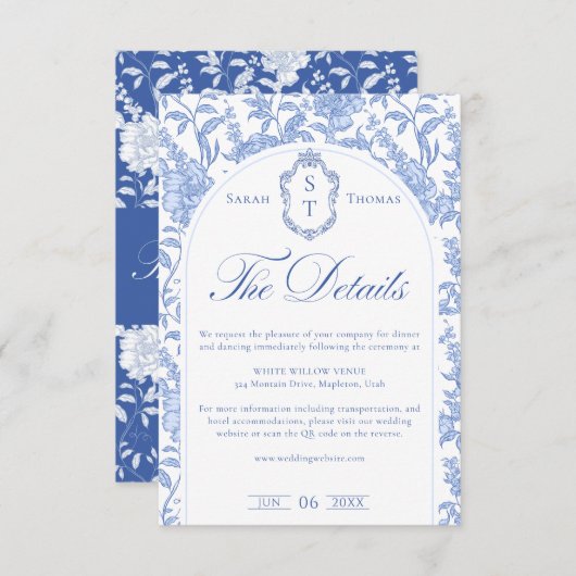 Delft Blue Floral Chinoiserie Monogram Wedding エンクロージャーカード (正面/裏面)