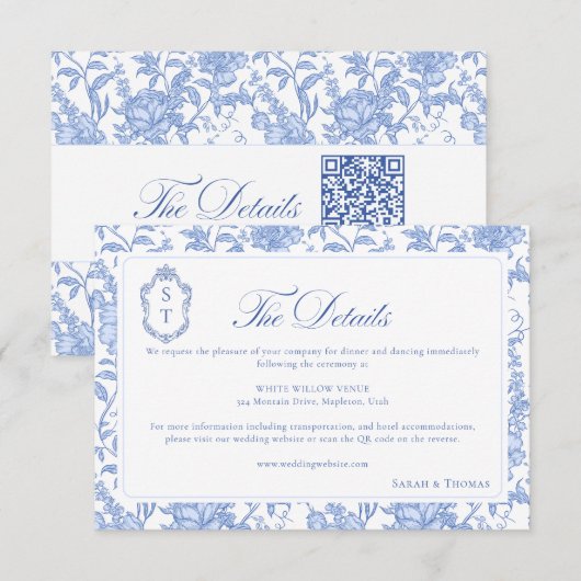 Delft Blue Floral Chinoiserie Monogram Wedding エンクロージャーカード (正面/裏面)